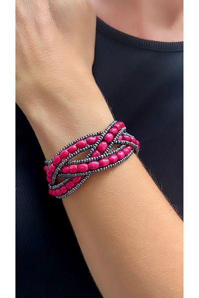Kutcha Accessories Multi Strand Pink Beaded Knitted Design Handmade Bracelet