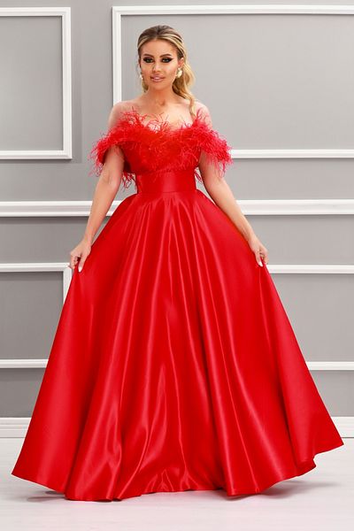 Atmosphere Fashion Red taffeta dress with feather appliqués