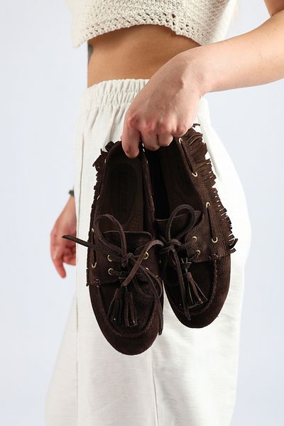 SOFT Women's Genuine Leather Boat Shoes Dark Brown Suede Thermo Sole