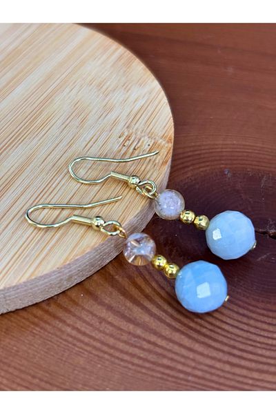 ayrestyle Natural Stone Dangle Women's Earrings – Aquamarine & Citrine – Gold Hook 4.5 cm