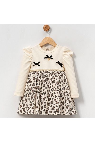 cayzen Luvvera Baby Girl Long Sleeve Leopard Print Dress – Bow and Gold Heart Accessory Detail