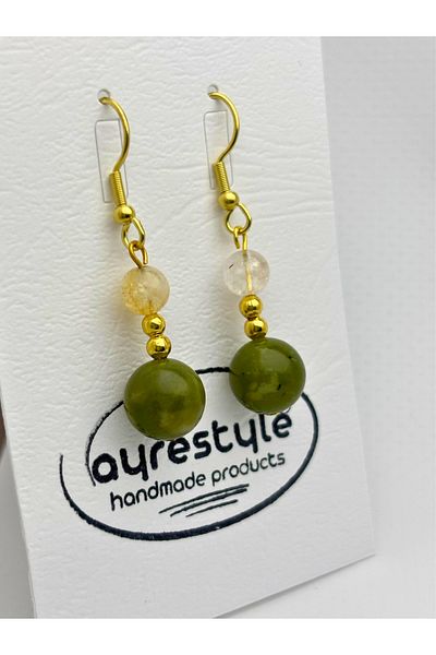 ayrestyle Natural Stone Dangle Women's Earrings – Jade & Citrine – Gold Hook 4.5 cm