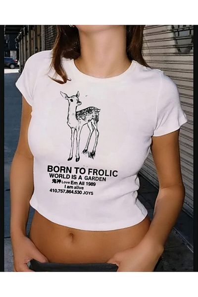 MAYDAY CULTURE White Baby Tee Top Waist Boy Crop T-Shirt Lycra Dtf Printed