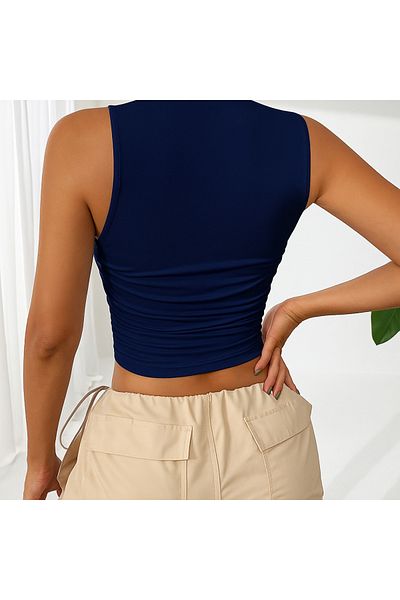 WEEST MODA Navy Blue Ezwear Side Gathered Gnis Strap Crop Top Alaçati