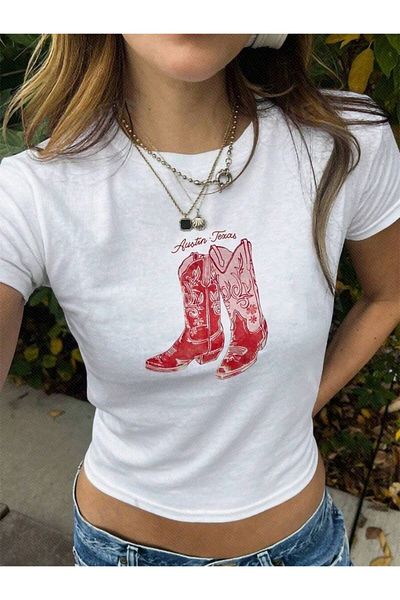 MAYDAY CULTURE White Baby Tee Top Waist Boy Crop T-Shirt Lycra Boots Dtf Printed