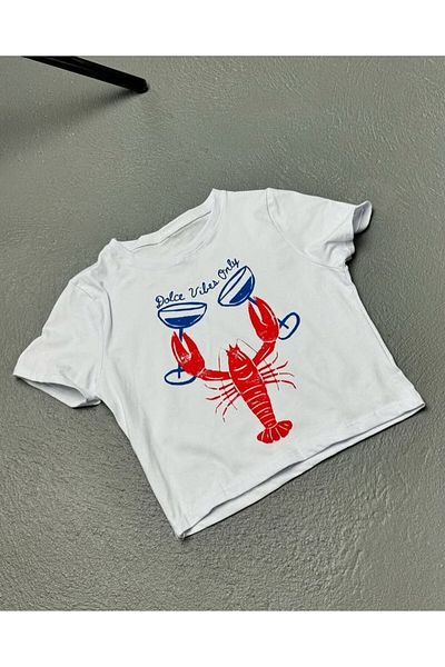 MAYDAY CULTURE White Baby Tee Top Waist Boy Crop T-Shirt Lycra Dtf Printed