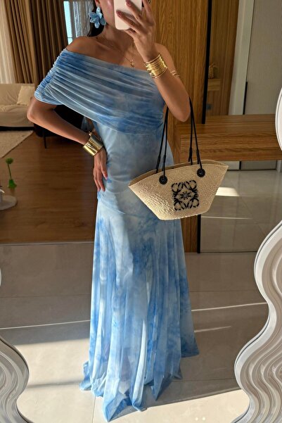 manana fashion Tek Omuzlu Mavi Desenli Drapeli Uzun Elbise