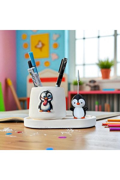 Perazayn Decorative Cute Penguin Printed Pen Holder and Penguin Notepad Set