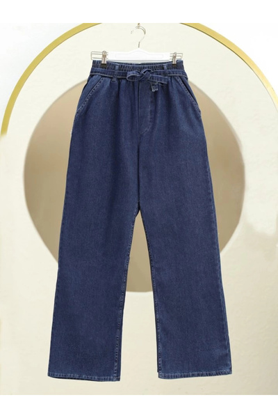 nedo7 Wide leg elastic waist belted jeans -indigo