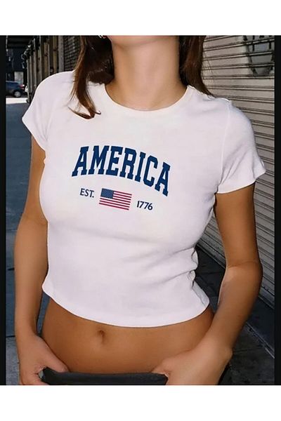 MAYDAY CULTURE White Baby Tee Top Waist Boy Crop T-Shirt Lycra Usa America Vintage Dtf Printed