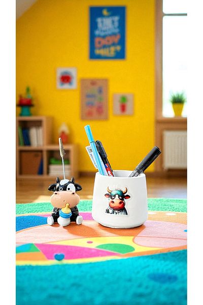 Perazayn Decorative Cute Cow Printed Pen Holder and Baby Bottle Cow Notepad Set