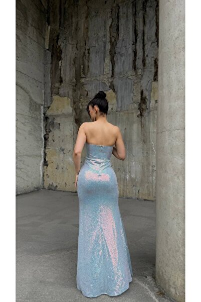 dükkan10butika Kadın Askısız Straplez Yırtmaçlı Pulpayet Uzun Abiye veya Mezuniyet Elbisesi Buz Mavi