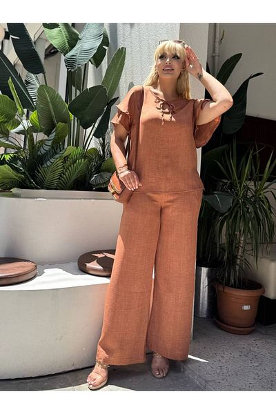 MODA Women's Plus Size Lace-Up Drop Collar Flywheel Sleeve Detailed Sofia Linen Suit