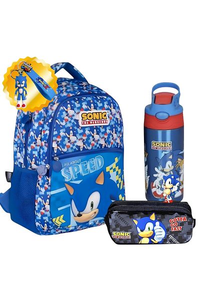Sonic Licensed School Bag, 2 Compartment Pen Holder Pencil Bag - Keychain and Water Bottle Gift