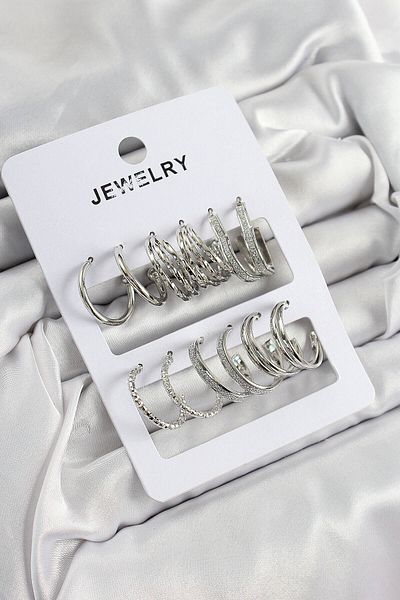 Avantaj Kapıda ®   Brass Mixed Ring Model Silver Color 6 Pairs Women's Earrings Set
