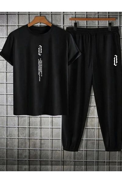 SAAT TEKSTİL Saat Textile Vertical Printed Black Top Crew Neck T-Shirt and Black Sweatpants Set