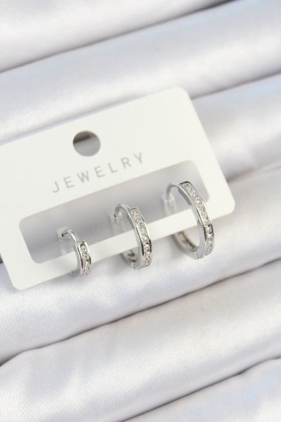Avantaj Kapıda ®   Brass Zircon Stone Hoop Model Silver Color 3-Piece Double Women's Earring Set