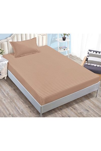OEM Cearșaf și 2 fețe de pernă cu elastic, Sonia-Home, Damasc, Single, Uni, 90x200cm, Cafea cu lapte