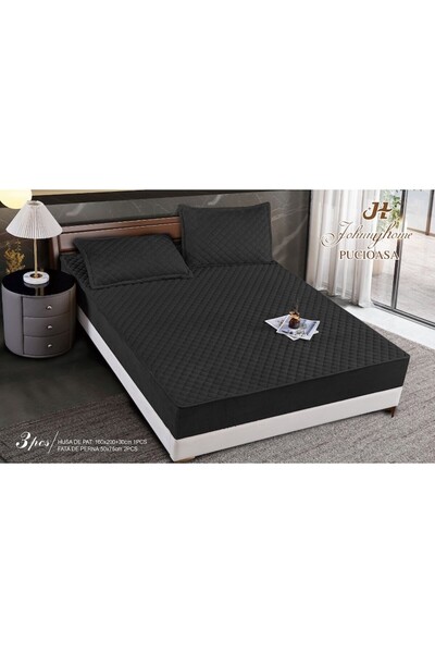 OEM Husa de pat si 2 fete de perna, Catifea, Topper Matlasat, 180x200cm, Negru