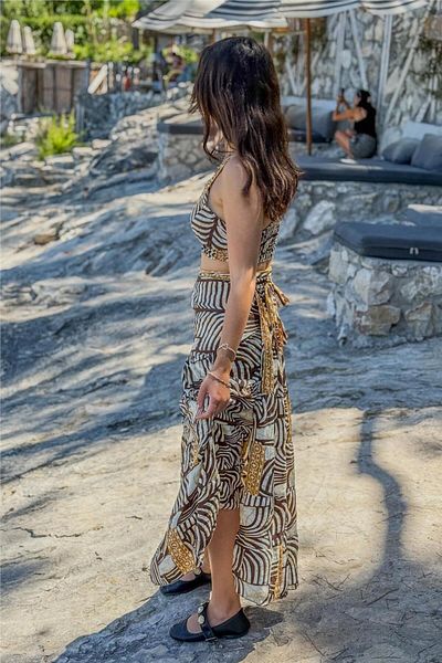 Miss Boheme Brown Gold Detailed Side Tie Silk Skirt Blouse Set