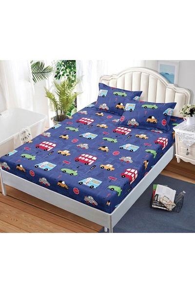 OEM Husa de Pat cu Elastic, 3 Piese, Bumbac Satinat, 180x200cm, Imprimeu Multicolor, Masinute