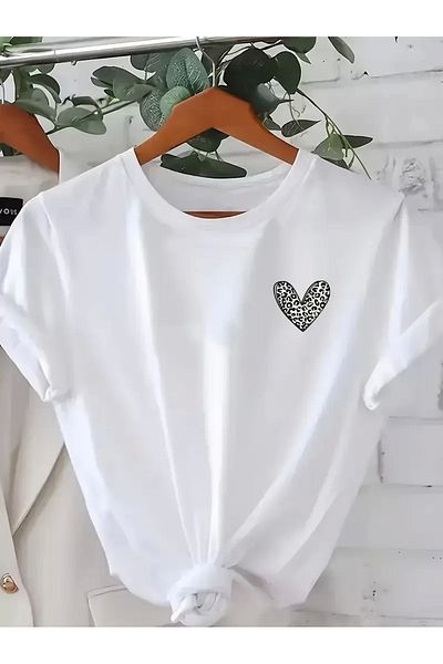 twingold Stylish Leopard Heart Print Casual T-Shirt for Women - Plus Size, Machine Washable, Valentine's