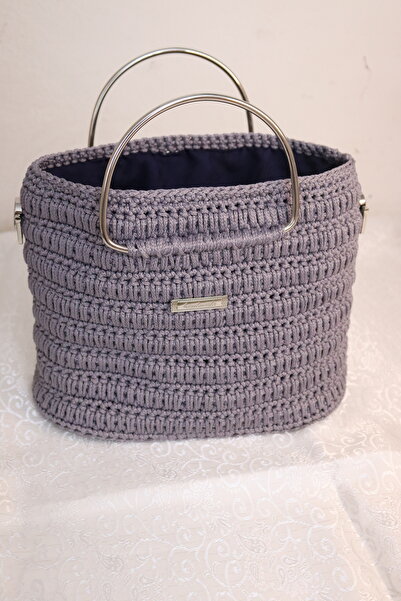 Bejon Gray Metal Handle Knitting Bag - Macrome Thread - Knitting Bag - Inner Lined