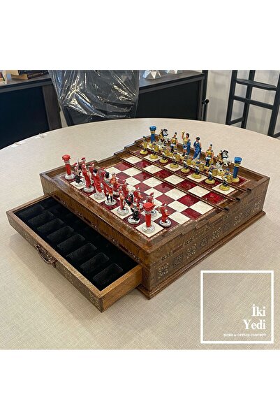 77 Thricius Arena Tasarım Çekmeceli Masif Ahşap Satranç Takımı El İşçiliği Ağ...