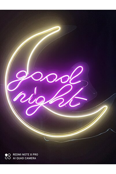 Neon Good Night Yazılı Ay ışıgı Neon LED Duvar Dekoru | Pleksi Gece Lambası | El Yapımı Loş Işık Tasarımı