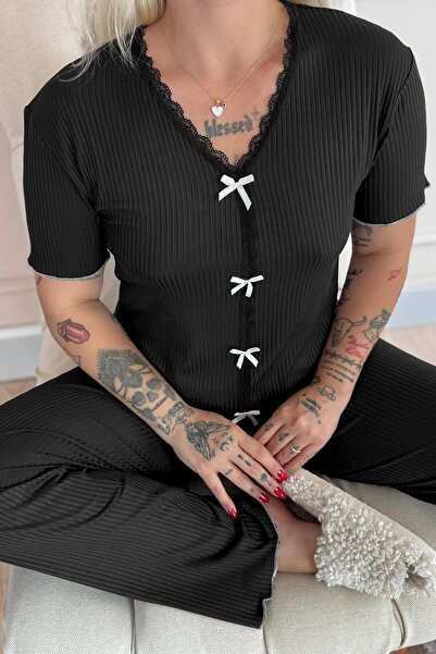 Pijamaevi Black Delicato Knitted Short Sleeve Women's Pajama Set