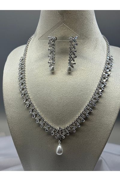 HADRA ACCESSORİES High Quality Zircon Stone Pearl Wing Model Evening Dress Necklace Earring Set Bridal Jewelry Set Wedding Set