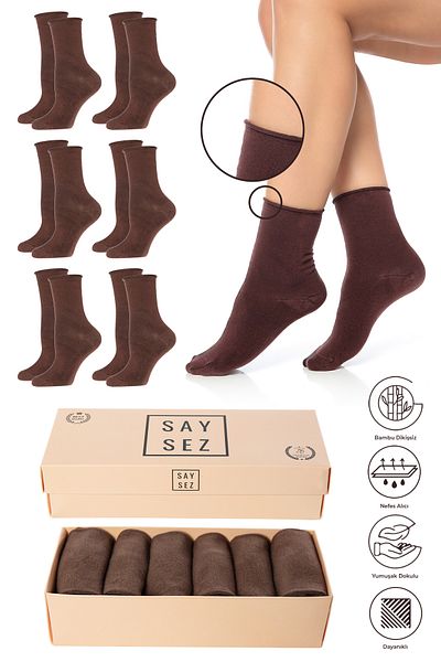 SAYSEZ Bamboo Women's Elasticless Brown Socket Seamless Premium Socks Boxed 6 Pieces / Does Not Leave Marks / Does Not Tighten