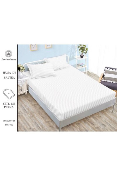 OEM Husa de pat si 2 fete de perna, cu elastic, Sonia-Home, Damasc, 2 persoane, Uni, 180x200cm, Alb
