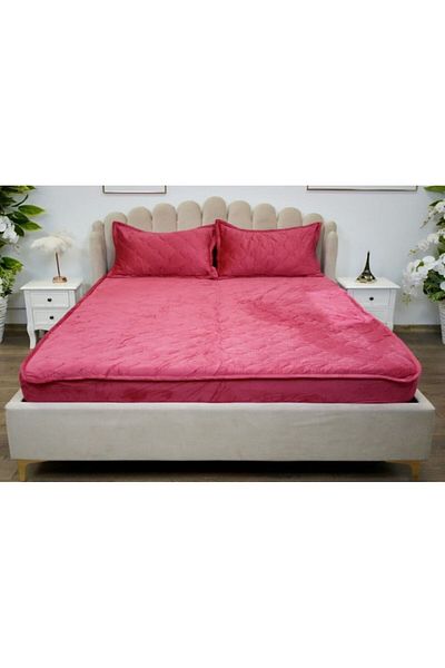 OEM Husa de pat si 2 fete de perna, Catifea, Topper Matlasat 140x200 cm, corai
