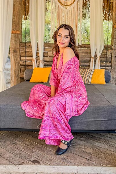 Miss Boheme Pink Color Gold Detailed Silk Trousers Crop Kimono Set