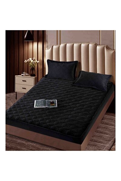 JOJO HOME Husa de pat si 2 fete de perna, Jojo Home, Catifea, Model Floral, Topper Matlasat, 140x200cm, Negru