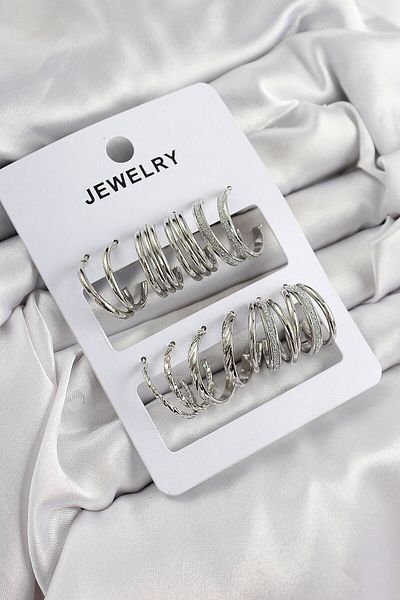 Avantaj Kapıda ®   Brass Mixed Ring Model Silver Color 6 Pairs Women's Earrings Set