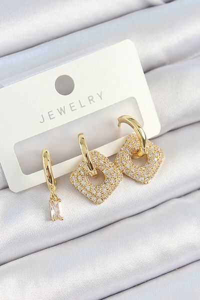 Avantaj Kapıda ®   Brass Zircon Stone Square Model Gold Color 3-Piece Double Women's Earring Set