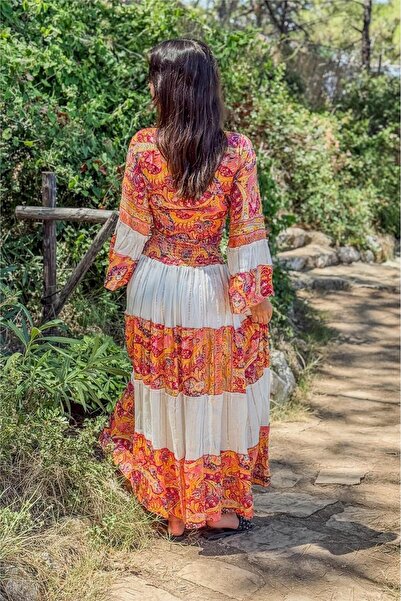 Miss Boheme Pink Color Patterned Silk Skirt Blouse Set