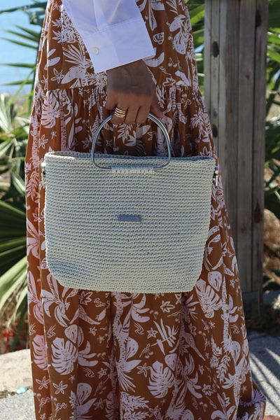 Bejon Cream Knitted Bag - Metal Handle - Macrome String - Hand Knitted
