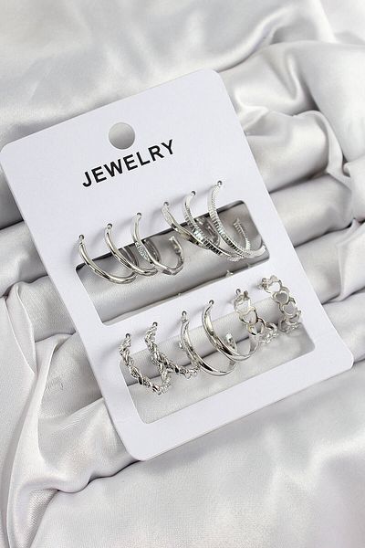 Avantaj Kapıda ®   Brass Mixed Ring Model Silver Color 6 Pairs Women's Earrings Set