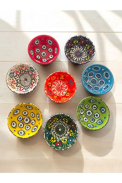 Artistic Quality Decorative Tulip Evil Eye Bead Embroidered Tile Ceramic Sauce Bowl - Snack Bowl - Breakfast Bowl 8 Pieces