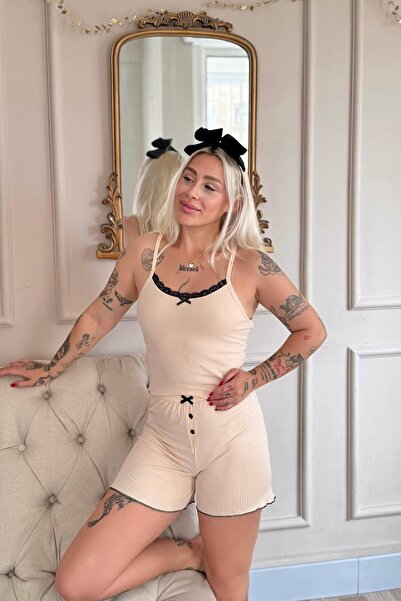 Pijamaevi Beige Chic Comfort Lace Knitted Suspender Shorts Women's Pajama Set
