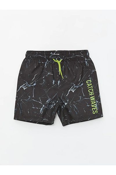 LC Waikiki Lcw Kids Black Printed Boys' Swim Shorts with Elastic Waist