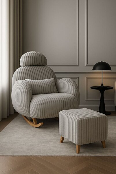 ÜNKAY Premium Çizgili Sabit Başlıklı Sallanır Berjer & Emzirme Koltuğu ve Puf