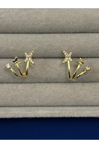 Idarosa Concept Minimal Tarzda, 925 Ayar Gümüş Çivili, Altın Kaplama Zirkon Taşlı Üç Halkalı Kelebe Küpe KARARMAZ