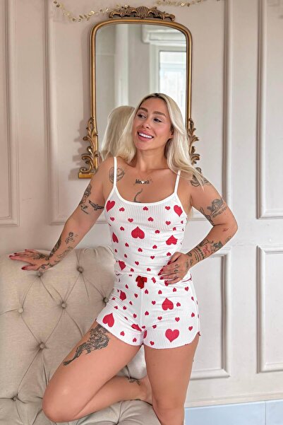 Pijamaevi Kırmızı Amour Desenli Örme Askılı Şortlu Kadın Pijama Takımı