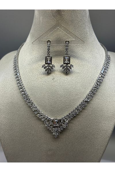 HADRA ACCESSORİES High Quality Waterway Zircon Baguette Model Evening Dress Necklace Earring Set Bridal Jewelry Set Wedding Set