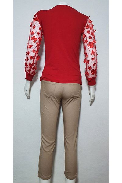 asiltr Girl's Red Flower Sleeve Tulle Badi and Straight Pantalon 2 Pcs Set