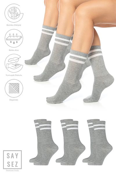 SAYSEZ Bamboo Unisex Tennis College Striped Premium Gray Melange Color Seamless Socks 3 Pack